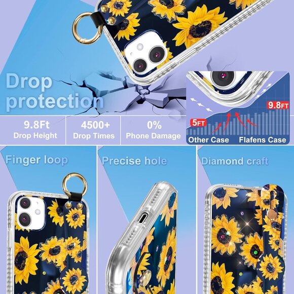Sunflower phone case with Wrist Strap for iPhone XR Lanyard stand - Picture 3 of 7
